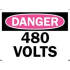 DANGER 480 VOLTS Sign, 14x10 In.,  Self Adhesive, meets OSHA Standards.